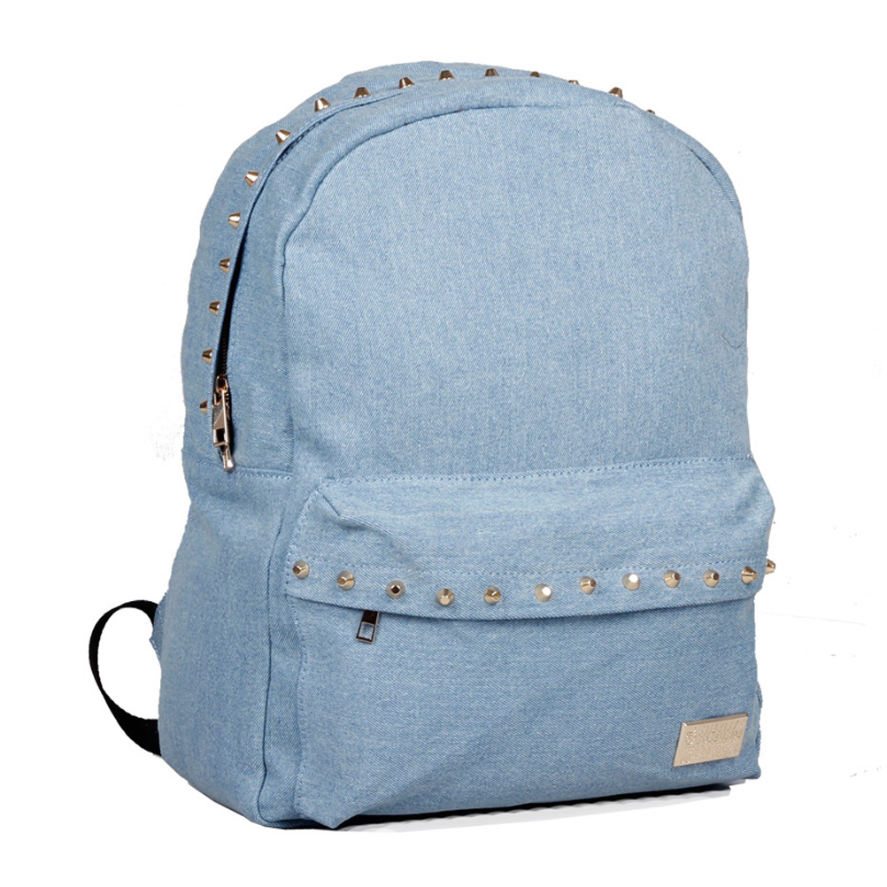 Fashion Light Blue Rivet Denim Backpack Oversized School Bag